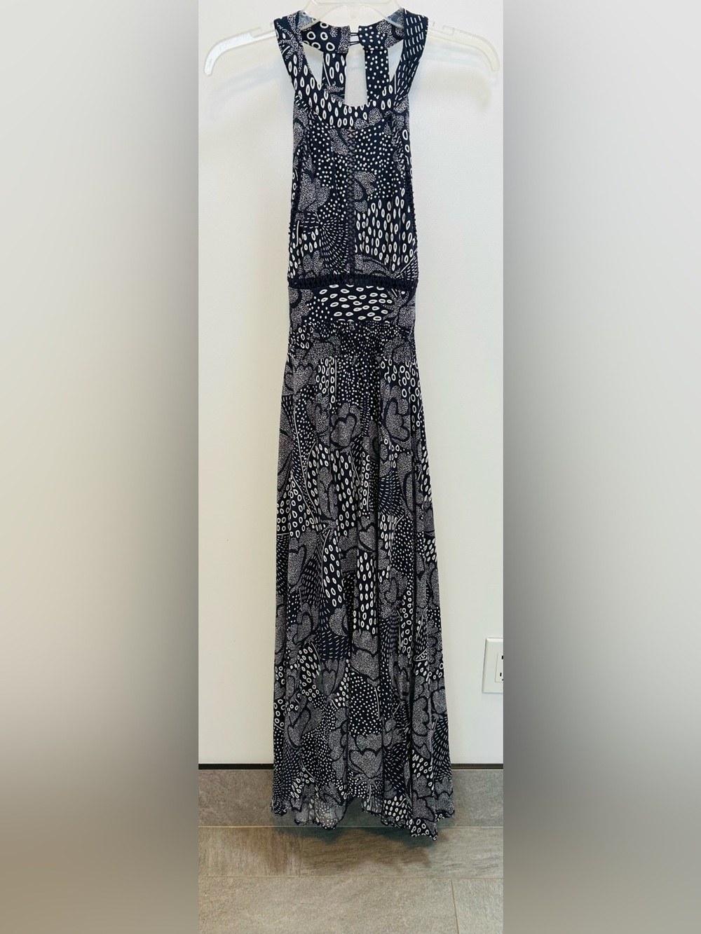 Anthropologie navy and White Patterned Maxi Dress with high neck with open back